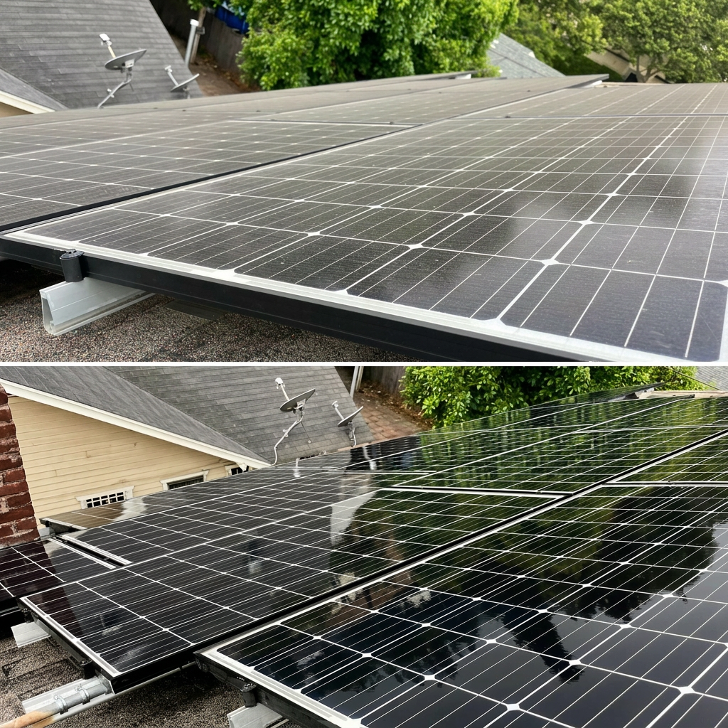 Before and after solar panel cleaning — The east-side panels, by the satellite dish
