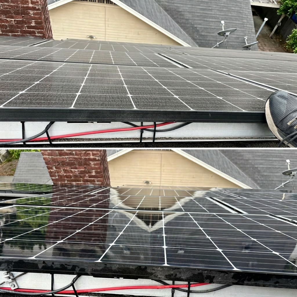 Before and after solar panel cleaning — The chimney-side row